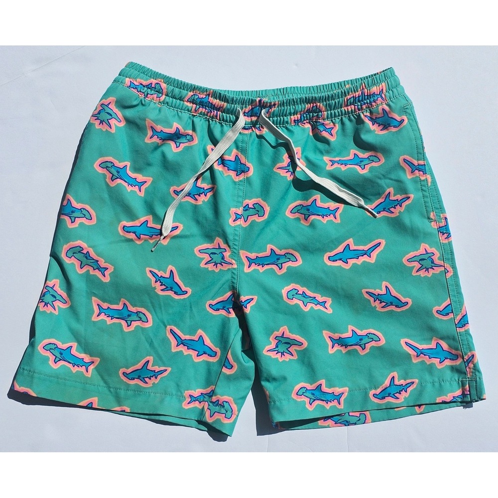 CHUBBIES Youth Boys Green Shark Print Swim Trunks Size 10/12 Hammerhead